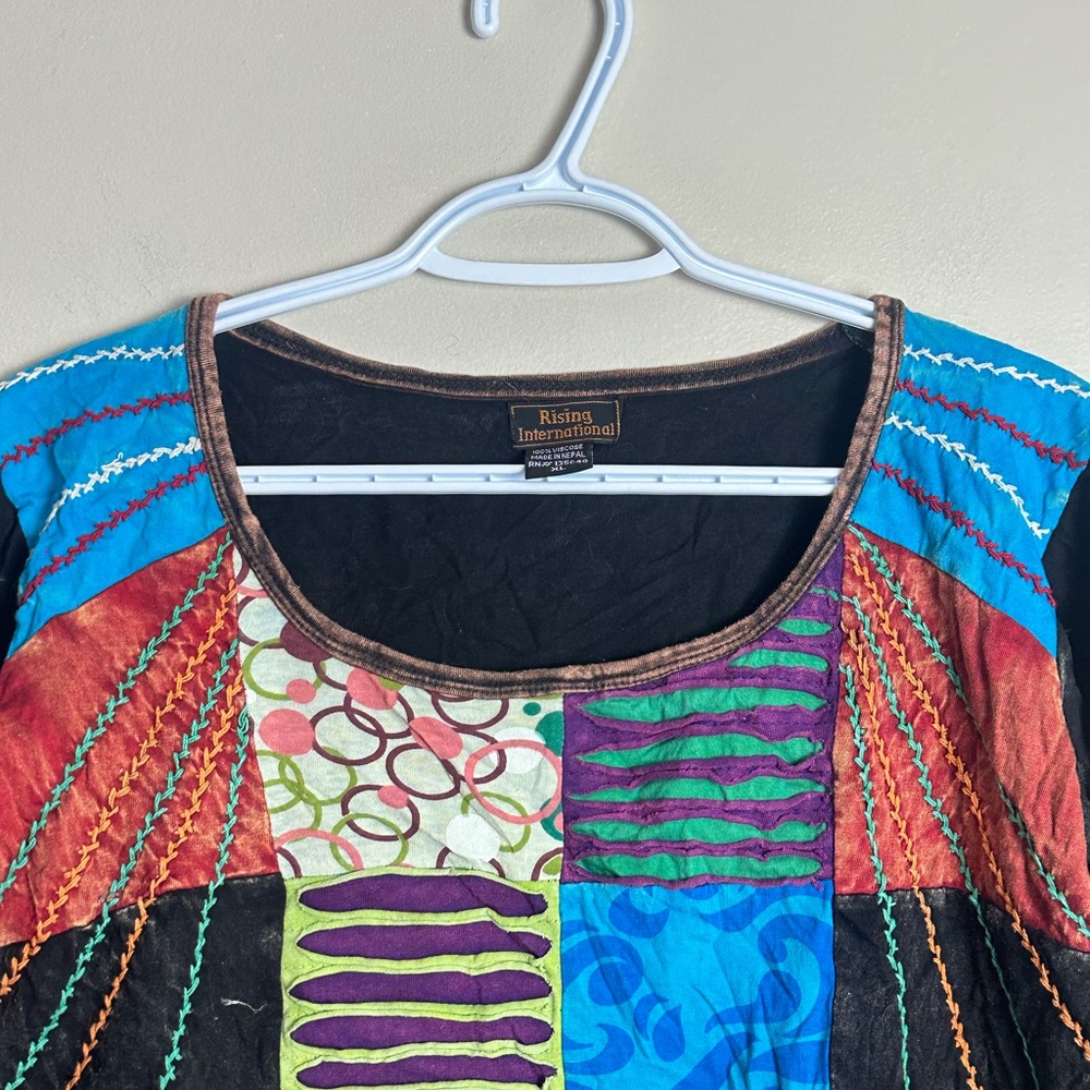 Rising International XL Patchwork Tunic Top Multicolor Scoop Neck Blouse - Picture 3 of 5